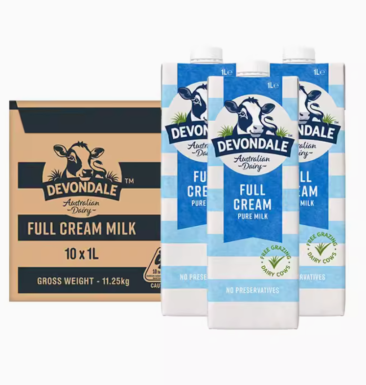 Devondale 德运 澳大利亚原装进口 全脂纯牛奶 1L*10盒98.8元包邮（双重优惠）