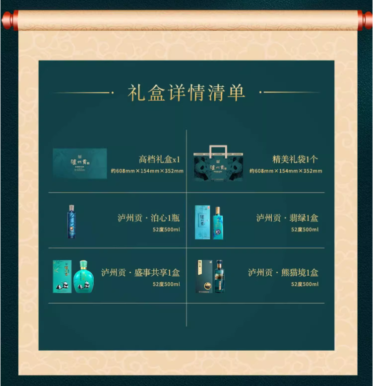 泸州老窖 泸州贡 熊猫境·泊心·翡绿·盛世 52度浓香熊猫酒礼盒 500mL*4瓶488.08元包邮（双重优惠）