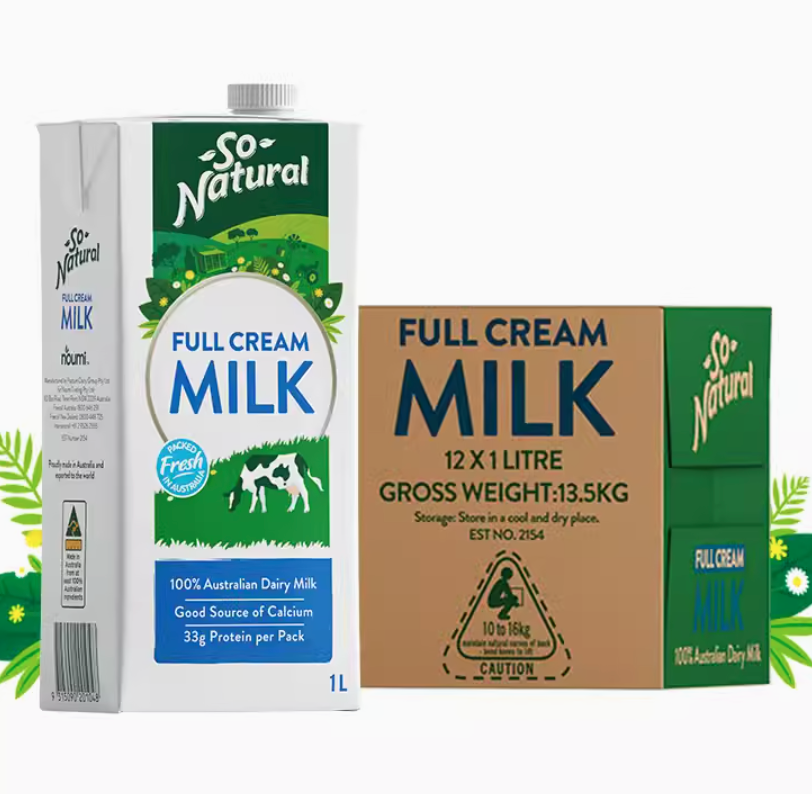 澳大利亚进口，So Natural 澳伯顿 全脂纯牛奶 1L*12盒109元包邮（双重优惠）