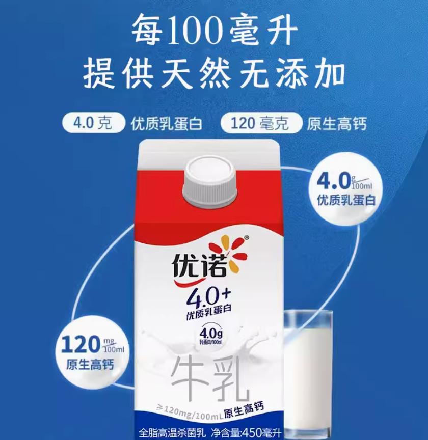 Yoplait 优诺 4.0+优质乳蛋白 鲜牛奶450mL*8盒79元包邮（需领券）