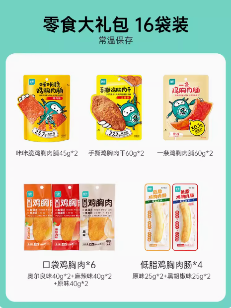 国家队运动员备战保障产品，优形 鸡肉解馋零食大礼包 16小袋58.9元包邮