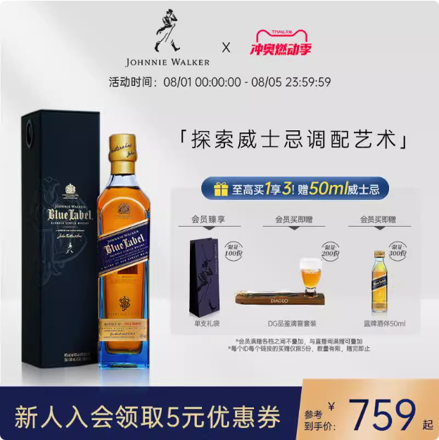 <span>白菜！</span>JOHNNIE WALKER 尊尼获加 高端蓝牌威士忌500mL（赠3件套）新低589元包邮