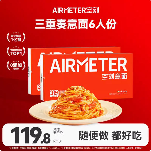 米其林3星品质，AIRMETER 空刻 番茄肉酱意大利面6人份（270g*3+轻享版230g*3）89.8元包邮（折14.9元/盒）