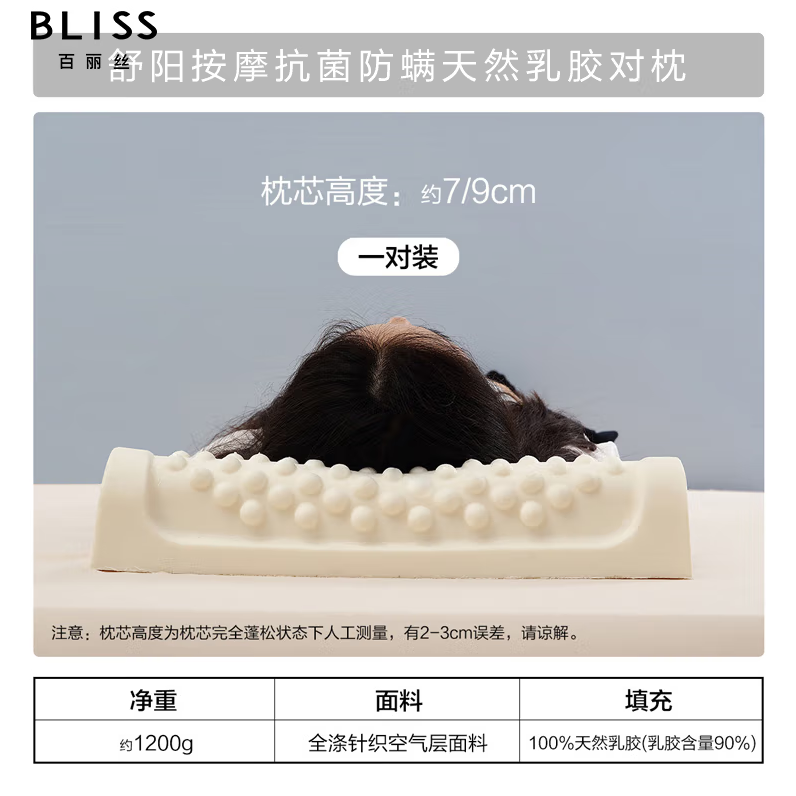 <span>白菜！</span>BLISS 百丽丝 舒阳按摩抗菌天然乳胶枕 50*30*7/9cm*2个装新低52.33元包邮（26.16元/个）