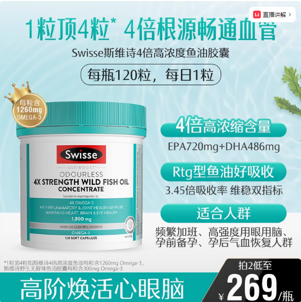 Swisse 斯维诗 4倍高浓度深海鱼油胶囊 1800mg*120粒188.55元包邮包税