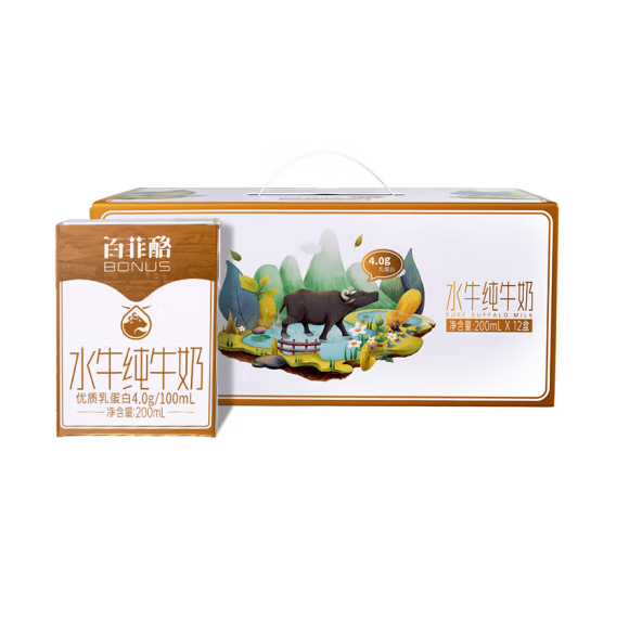 <span>白菜！</span>奶中珍品，百菲酪 4.0g乳蛋白 水牛纯奶 200mL*20盒*2箱新低88.36元包邮（44.18元/箱）