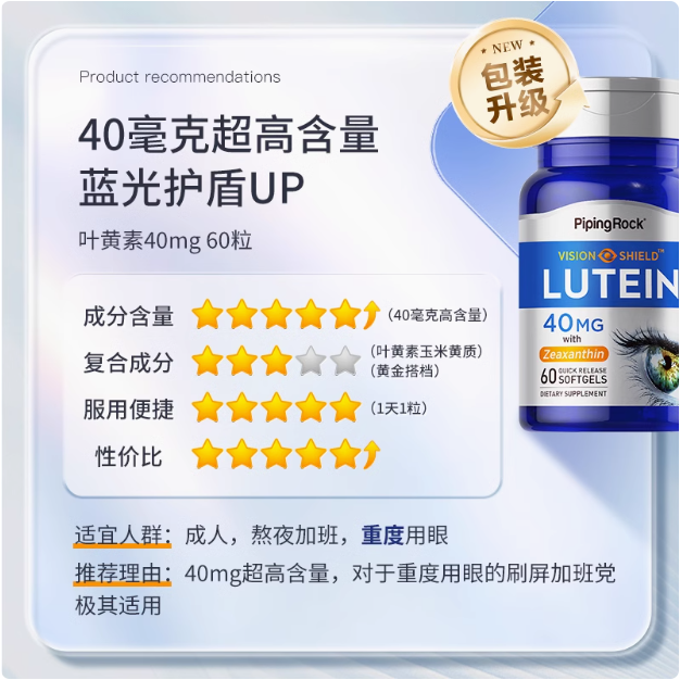 <span>白菜！</span>PipingRock 朴诺 高含量叶黄素胶囊40mg*65粒*2瓶63.94元包邮（31.97元/瓶）