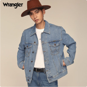 Wrangler 威格 24秋冬新款 男士浅蓝色经典翻领牛仔夹克外套