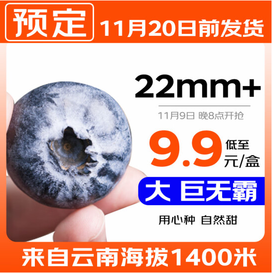 <span>白菜！</span>京鲜生 云南蓝莓（巨无霸 22mm+）125g*12盒装新低117.87元包邮（9.82元/盒）