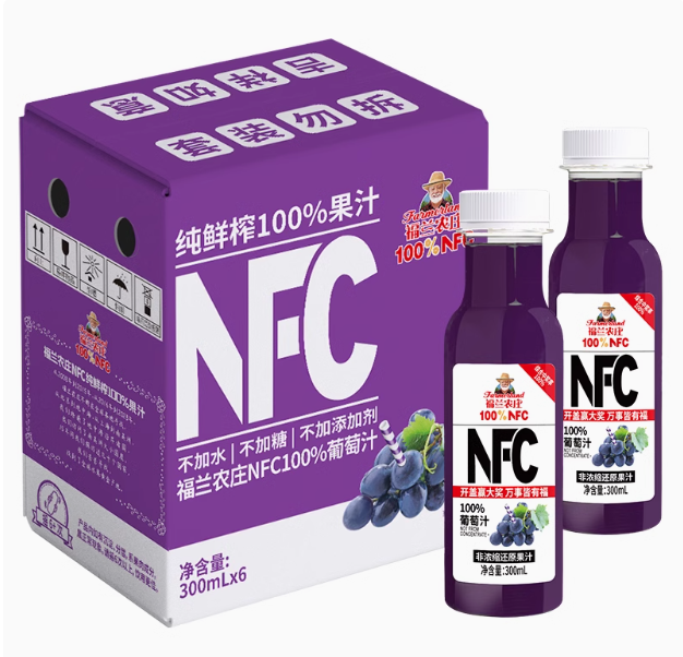 <span>白菜！</span>福兰农庄 NFC 100%纯鲜榨果汁 葡萄汁 300mL*6瓶新低14.4元包邮（2.4元/瓶）