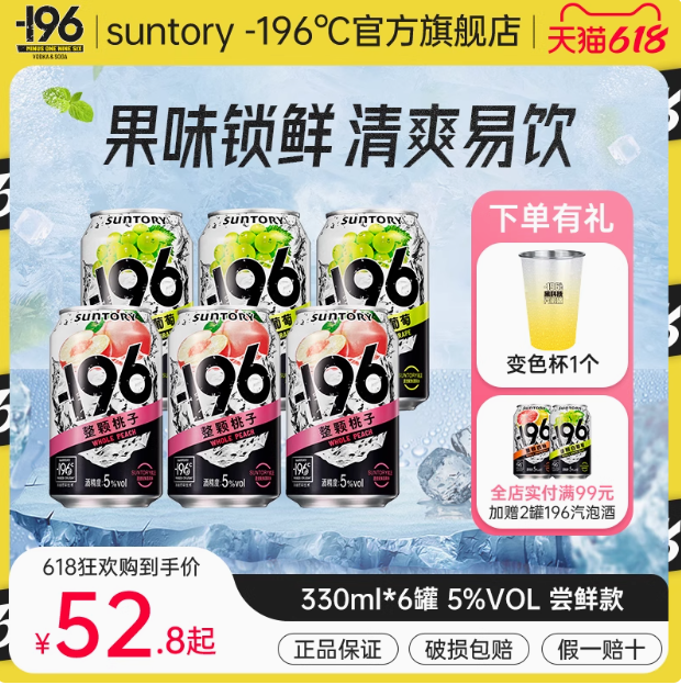 日本三得利 -196℃ 微酒感氣泡果酒 350ml*6罐  贈變色杯新低41.7元包郵（6.95元/罐）