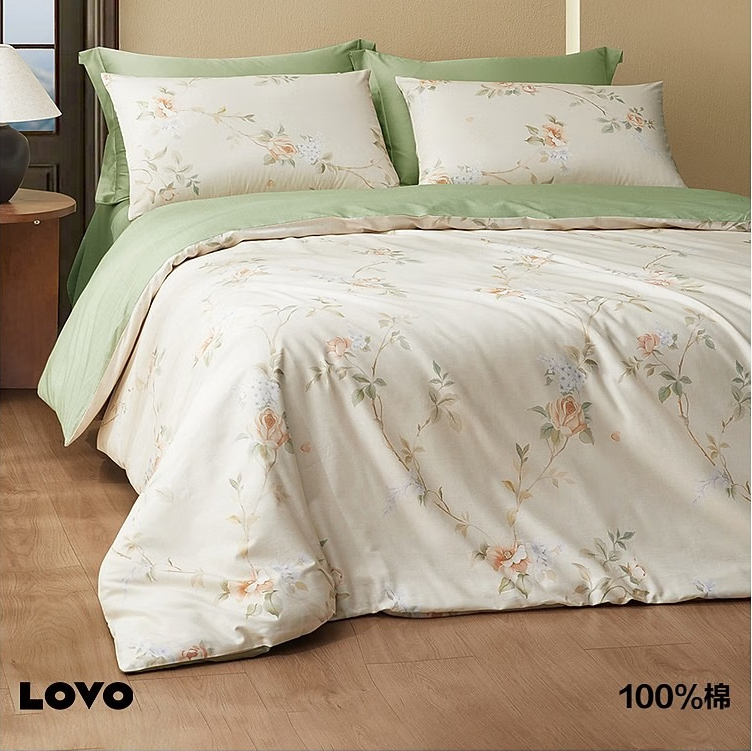LOVO 樂蝸家紡 搖曳花影/沐春詩集 100%純棉四件套1.8米（被套220*240cm）新低129元包郵