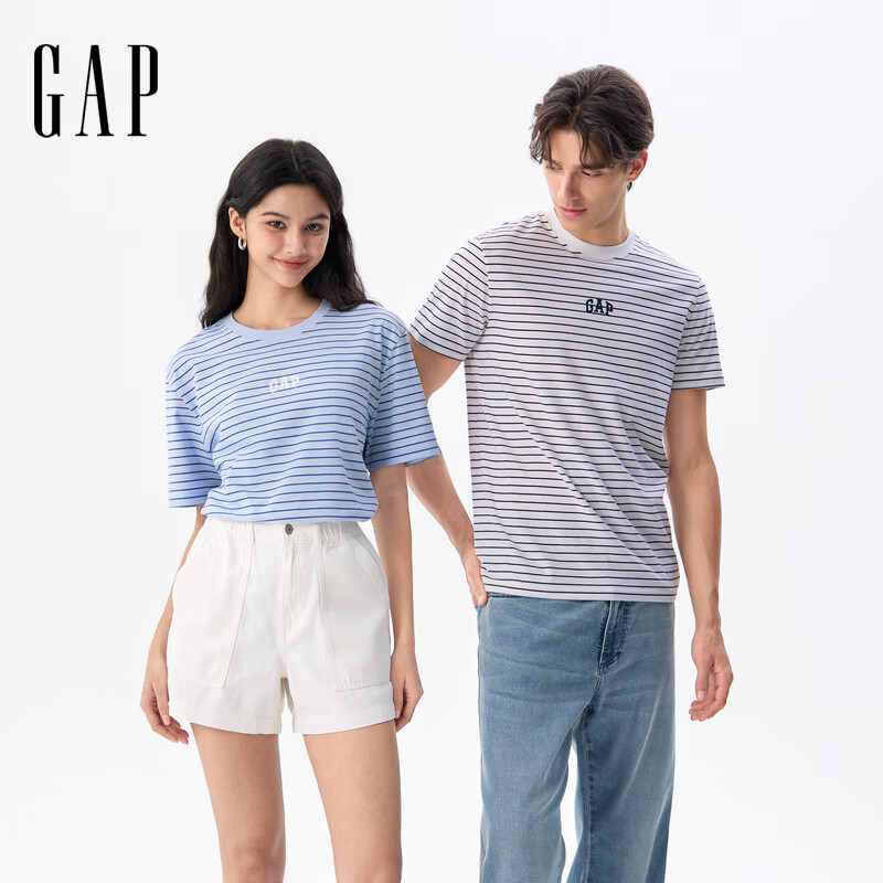 <span>白菜！</span>Gap 蓋璞 2025夏季新款 男女同款美版logo條紋純棉短袖T恤 768022新低45.69元包郵