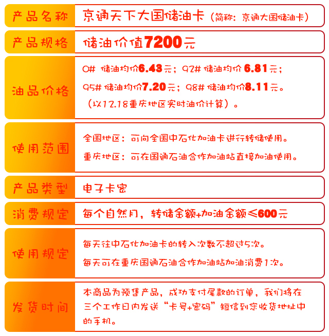 京通天下大国储油卡 中石化全国通用 价值7200元6480元