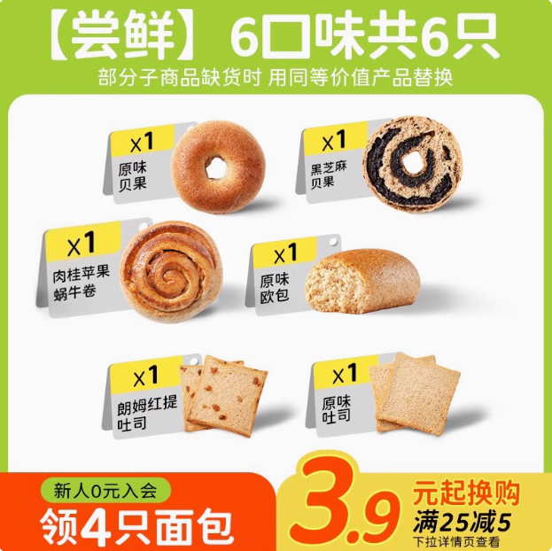 田园主义 0蔗糖0脂低卡 全麦面包组合装 395g 6口味6只12.9元包邮（2.15元/个）