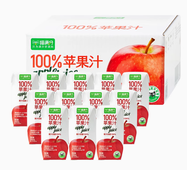 喵满分 苹果汁 100%纯果汁无添加 200ml*12瓶19.4元包邮（合1.61元/盒）