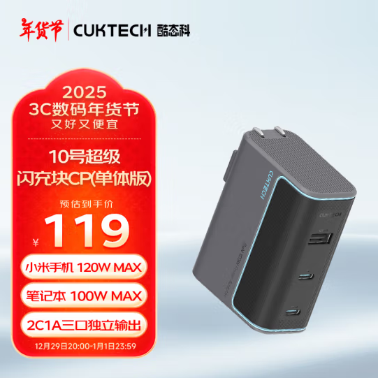 <span>白菜！</span>CukTech 酷态科 10号 120W氮化镓超级闪充2C1A三口充电器新低88.66元包邮