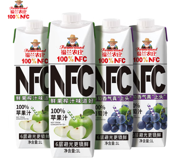 福兰农庄 NFC纯鲜榨100%果汁饮料 苹果汁+葡萄汁1L×4瓶37.9元包邮（9.48元/瓶）