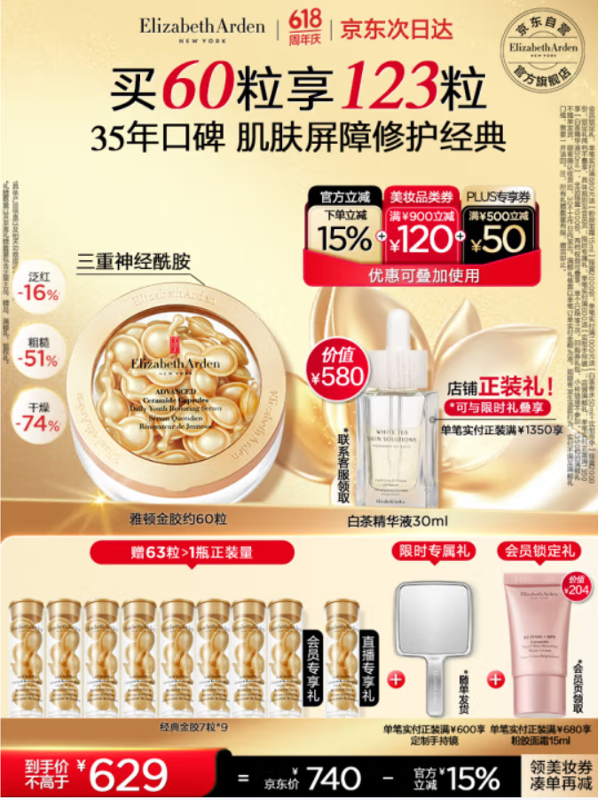 Elizabeth Arden 伊麗莎白雅頓 金膠 時空煥活膠囊精華液 60粒 送63粒+化妝鏡448.93元包郵（3.65元/粒）
