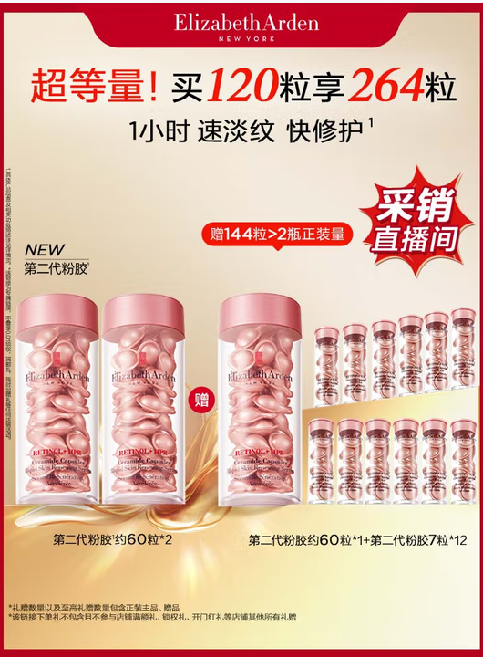 Elizabeth Arden 伊麗莎白雅頓 第二代粉膠 次拋A醇抗皺精華膠囊 60粒*2瓶 贈144粒新低934.2元包郵（3.54元/粒）