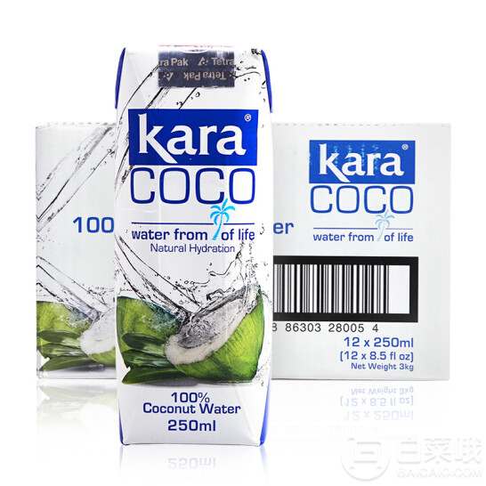 印尼进口，kara 佳乐 天然椰子水 250ml*12盒 *2件56.24元（合28.12元/件）