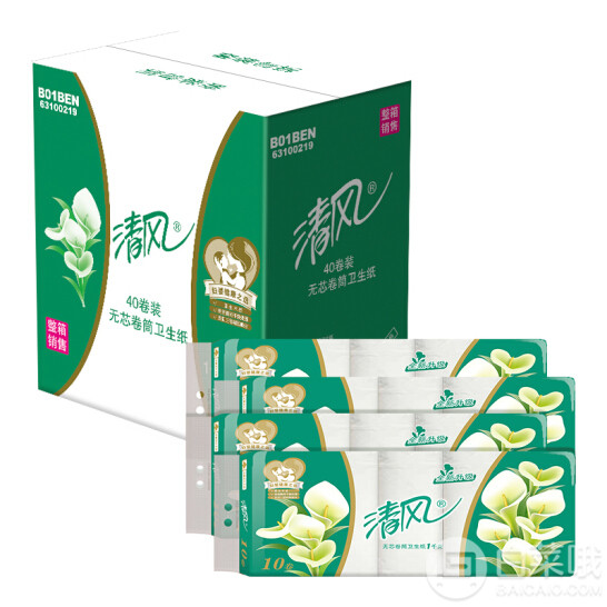 清风 无芯卷纸 马蹄莲平纹长卷 100克40卷*4 ￥121.7包邮30.4元/箱