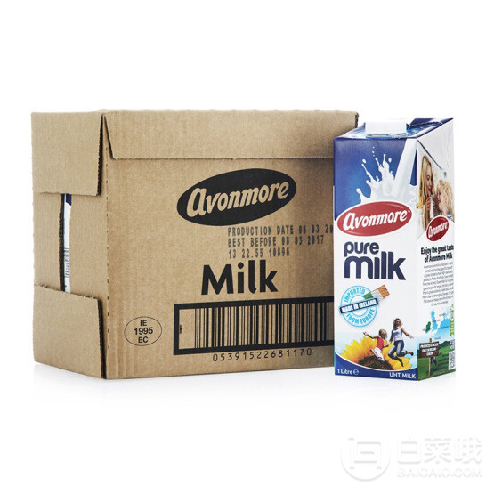 爱尔兰原装进口 AVONMORE 艾恩摩尔 全脂牛奶 1L*6*2箱83.82元
