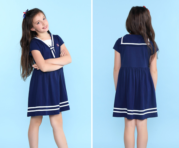 Bossini Kids 堡狮龙 女童海军风纯棉短袖连衣裙 2色59元包邮（需用20元优惠券）