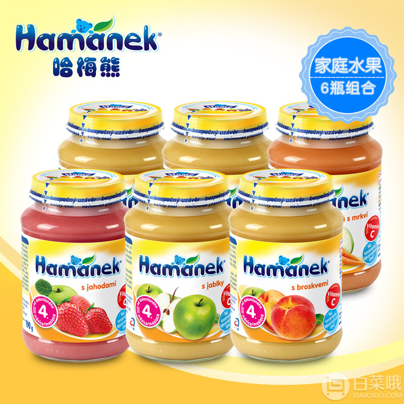添加了米粉的果泥，欧洲原装进口 Hamanek 哈梅熊 婴幼儿水果泥190g*6瓶组合装29.9元包邮（需用优惠券）