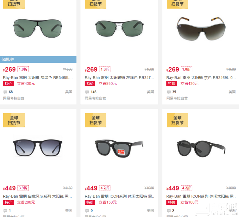 Ray-Ban 雷朋太阳镜低至3折起叠加优惠券RB3470新低￥249包邮包税