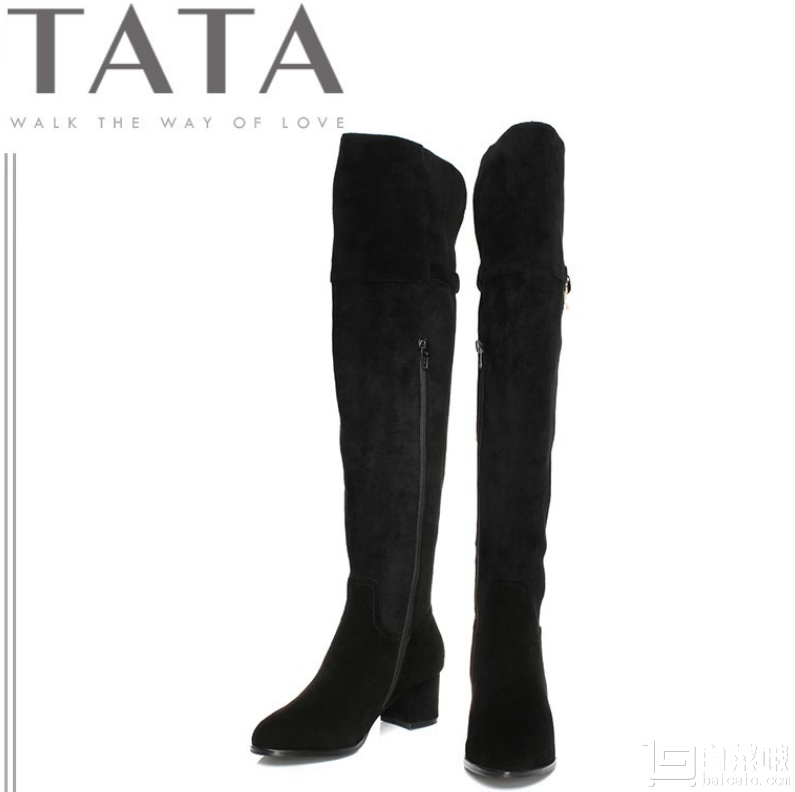 2017冬款，Tata 他她 女士羊皮珍珠饰扣粗跟及膝长靴￥518包邮（双重优惠）
