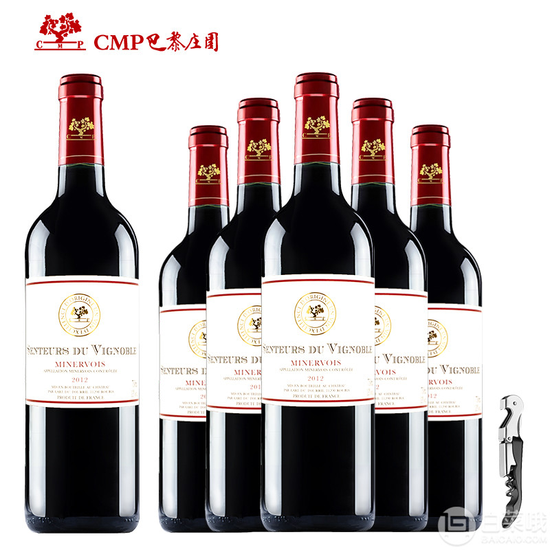 法国原瓶进口，CMP 巴黎庄园 最高级AOC 维斯特干红葡萄酒750ml*6支装 赠酒刀新低198元包邮（需领券）