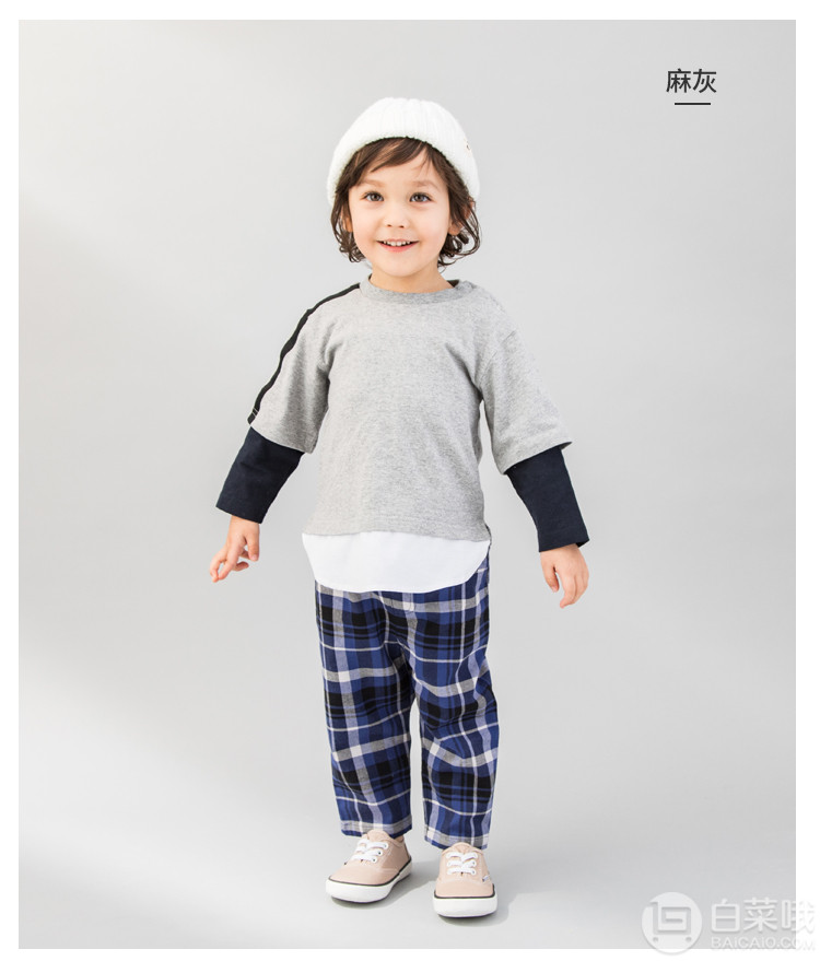 日本超高人气童装品牌，petit main 儿童棒球风拼接假两件长袖T恤 A类纯棉面料 多色79.9元包邮（需领券）