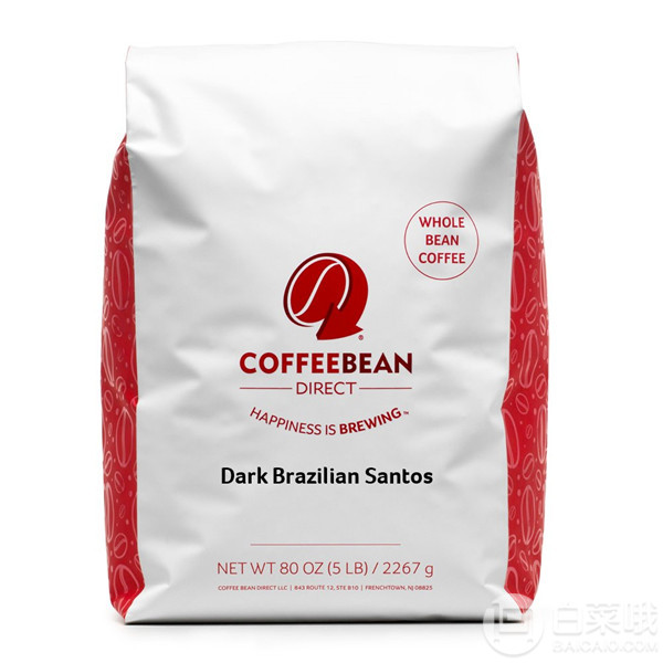 Coffee Bean Direct 黑色巴西桑托斯 深度烘焙 全豆咖啡5磅（2267g）259.67元
