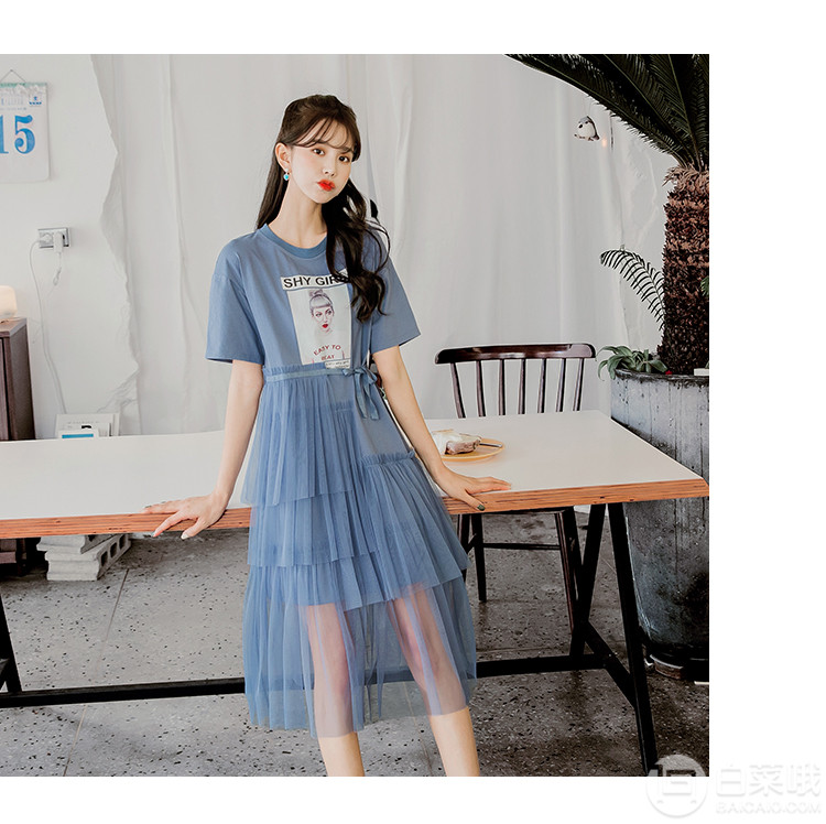 韓都衣舍 2019新款網(wǎng)紗印花蛋糕裙連衣裙 多色98元包郵（需領券）