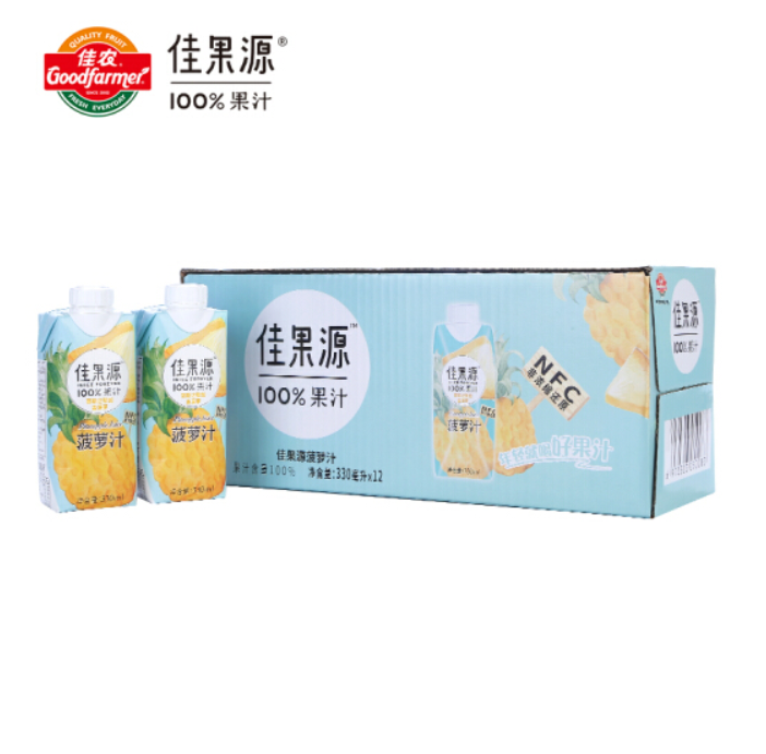 Plus会员 限地区，佳果源 100%NFC菠萝汁330ml*12瓶*4件200元包邮（折合50元/件）