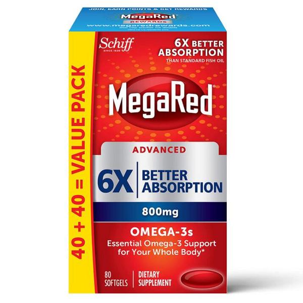 6倍高吸收率，Schiff 旭福 MegaRed 富含Omega-3s 深海鱼油软胶囊800mg*80粒115元（0税费）