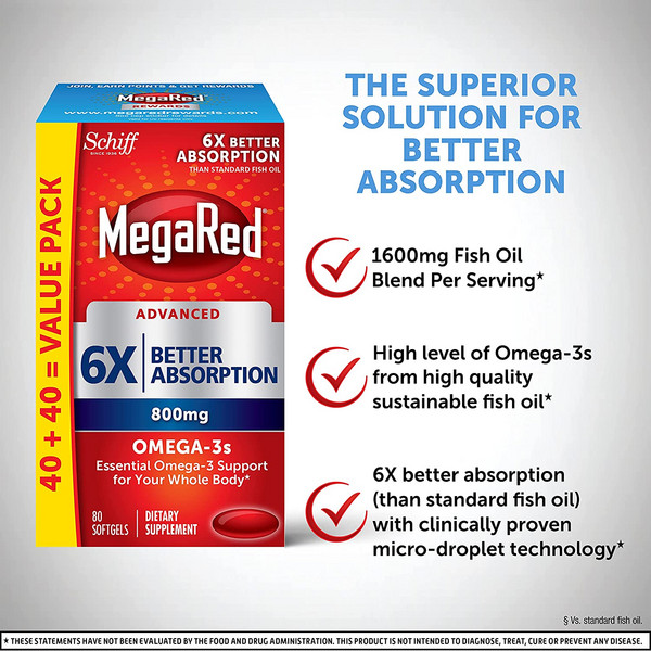 6倍高吸收率，Schiff 旭福 MegaRed 富含Omega-3s 深海鱼油软胶囊800mg*80粒115元（0税费）