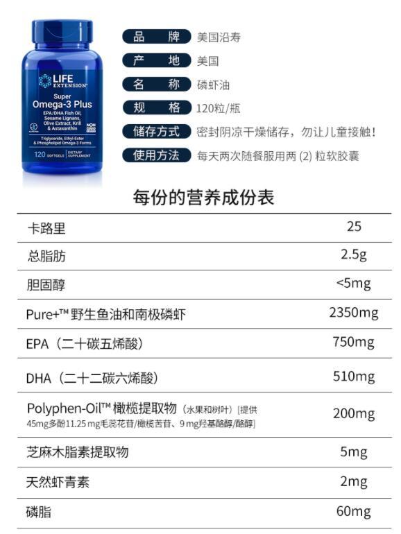 Life Extension 沿寿 Omega-3超级鱼油+南极磷虾油软胶囊120粒188.41元（天猫旗舰店371元）