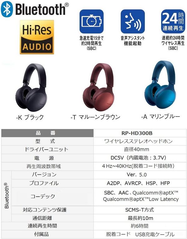 Panasonic 松下 RP-HD300B-T 无线蓝牙耳机新低446元（可3件9折）