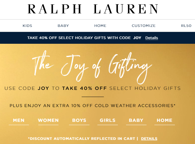 优惠力度升级！Ralph Lauren美国官网 Selected Gifts立享6折+秋冬外套额外9折
