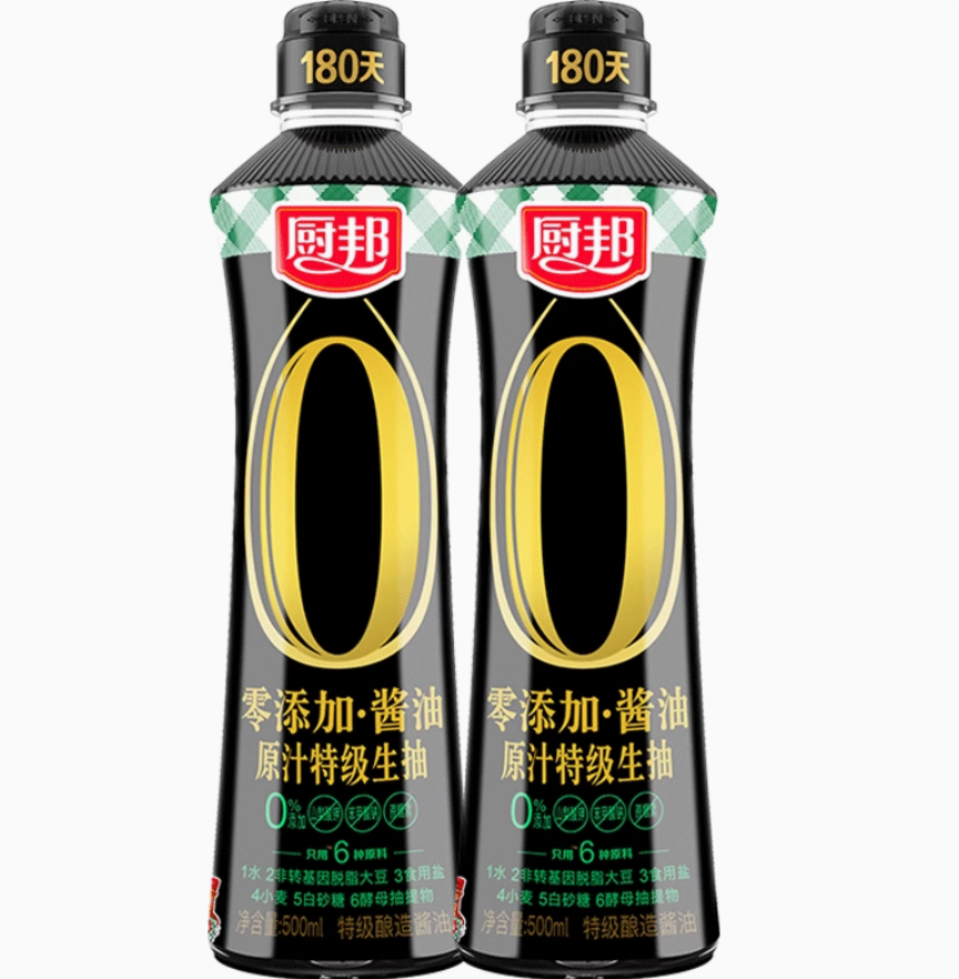 厨邦 零添加·酱油 原汁黑豆特级生抽 500ml*2瓶新低10.9元包邮（5.5元/瓶）