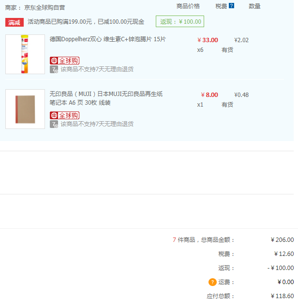 京東全球購(gòu)：限Plus會(huì)員 Doppelherz 雙心 維生素C+鋅泡騰片 15片*6盒+湊單品￥118.6含稅包郵（￥218.6-100）