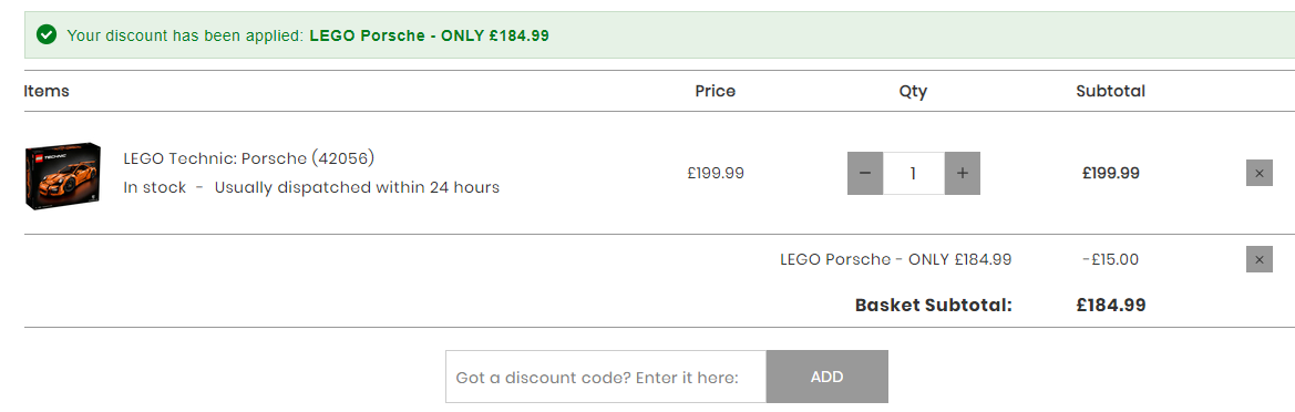 LEGO 乐高 42056 保时捷 911 GT3 RS £184.99+1.99（需用码）直邮到手1706元