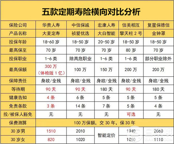 大麦定期寿险 最高300万保额 仅3条免除责任19元/年起