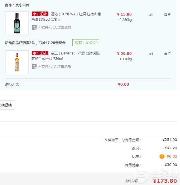 限地区，Dewar's 帝王 白牌调配苏格兰威士忌 700ml*4瓶 ￥173.8元包邮新低43.45元/瓶（双重优惠）