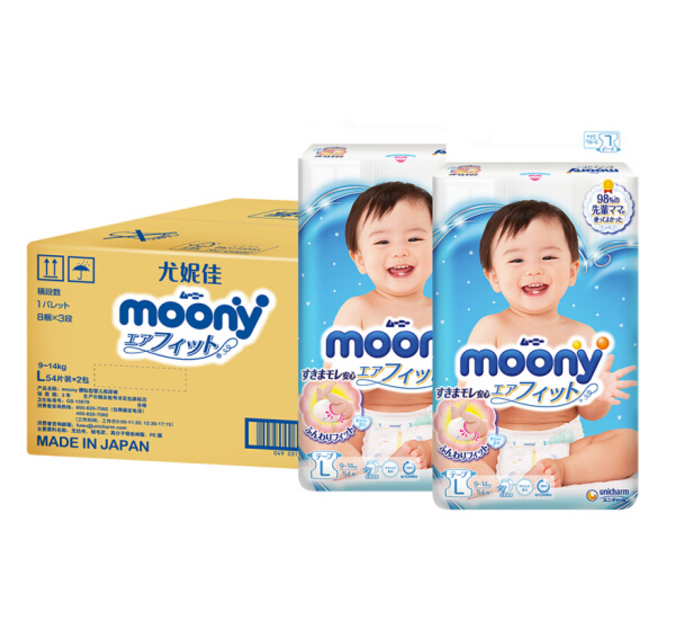 moony 尤妮佳 婴儿纸尿裤 L108片 *2件208.5元包邮（合104.25元/件）