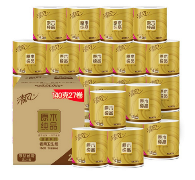 清风 原木纯品金装系列 有芯卷纸 4层140克27卷 *2件62.71元（合31.36元/件