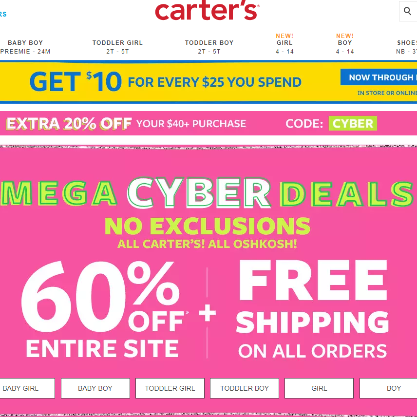 Carter's 卡特童装美国官网 网络周一全场4折满额外8折