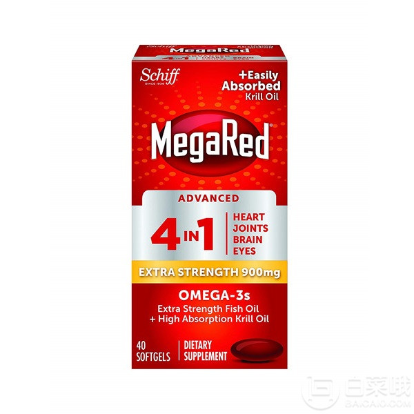 Schiff 旭福 MegaRed 四合一高浓度Omega-3s深海鱼油+磷虾油混合胶囊900mg*40粒*2瓶 ￥99包邮包税新低49.5元/瓶（双重优惠）